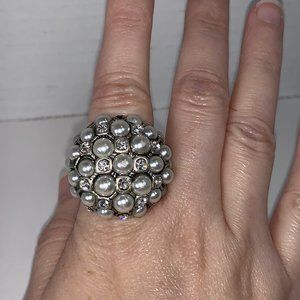 Faux Pearl and Rhinestone Silver Tone Costume Ring